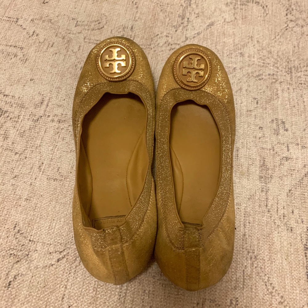 Gold Tory Burch Caroline flats with shimmer